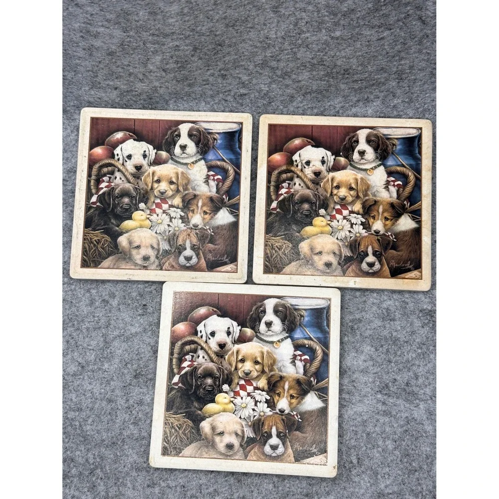 Vintage‎ G Hanland Puppy Love Stone Coasters Set of 3 Cork Backed Dog Art 4x4